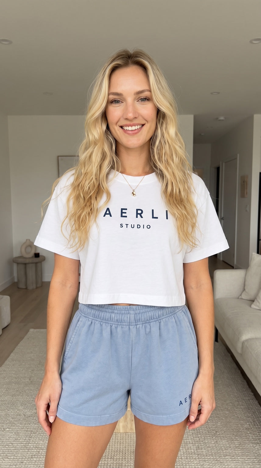 AERLI Studio Essentials Crop Tee — White / Navy